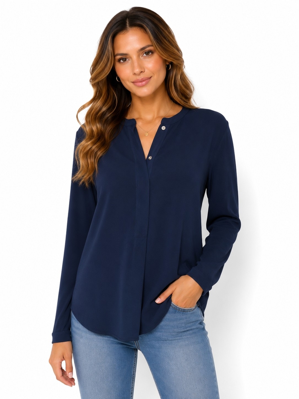 Lauren Ralph Lauren Navy Long-Sleeve Henley Button-Front Top